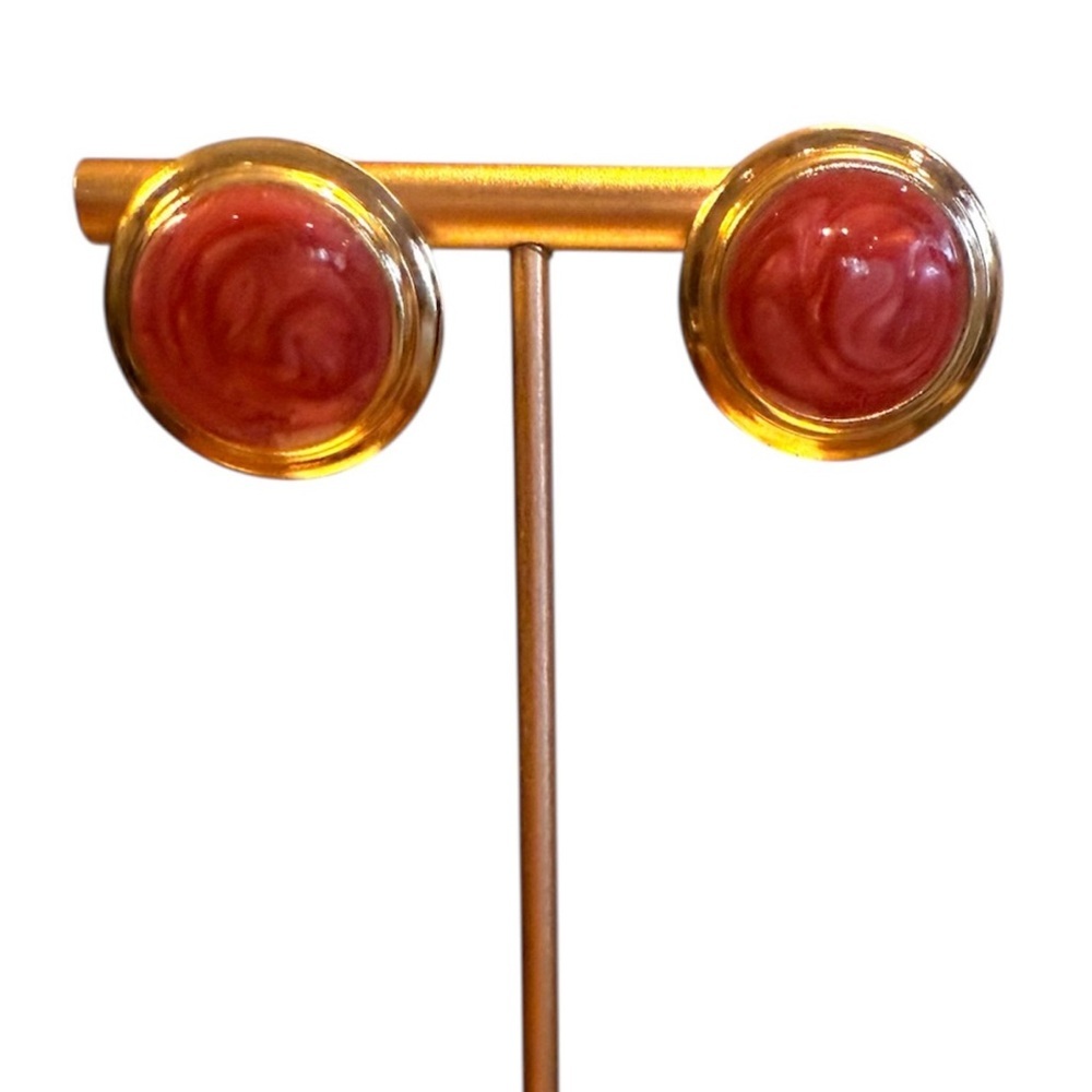 Vintage Gold And Red Swirl Enamel Stud Pierced Earrings
